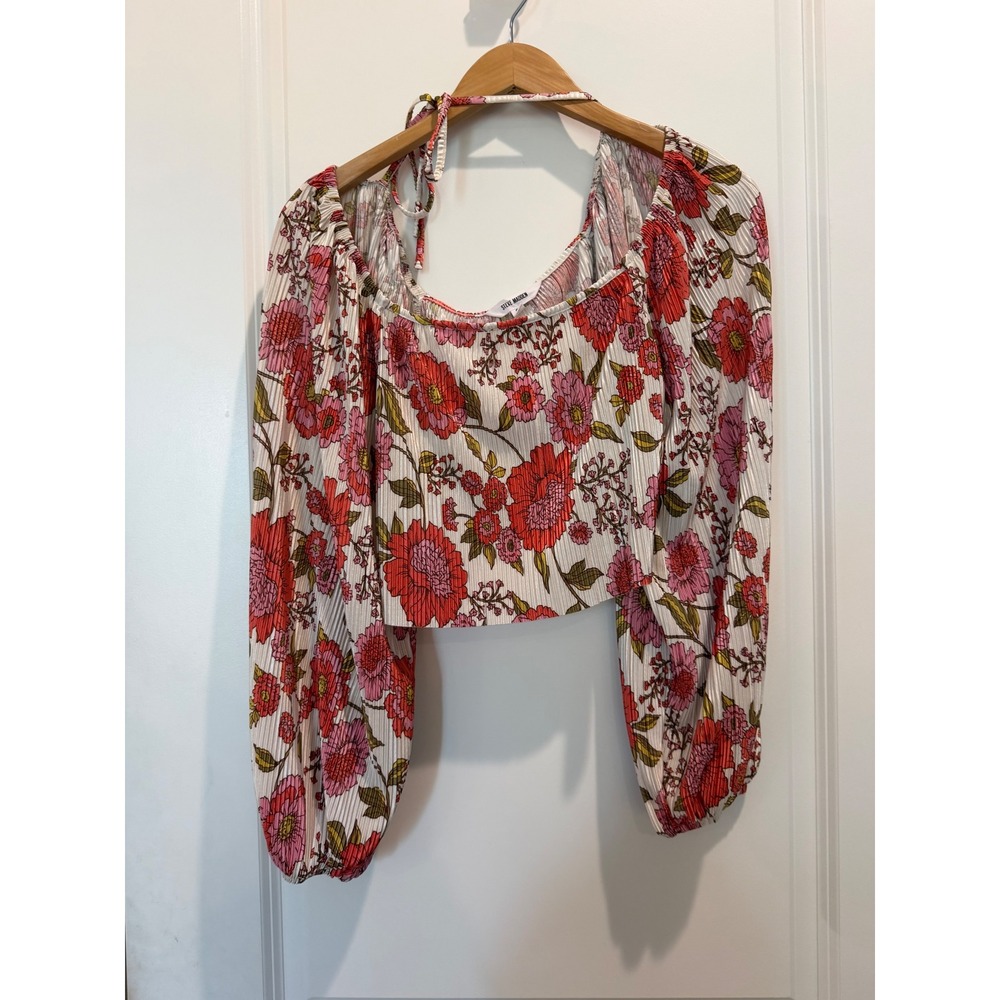 Steve Madden Floral Plisse Crop Top Red Pink Balloon Sleeve Boho Square Neck S